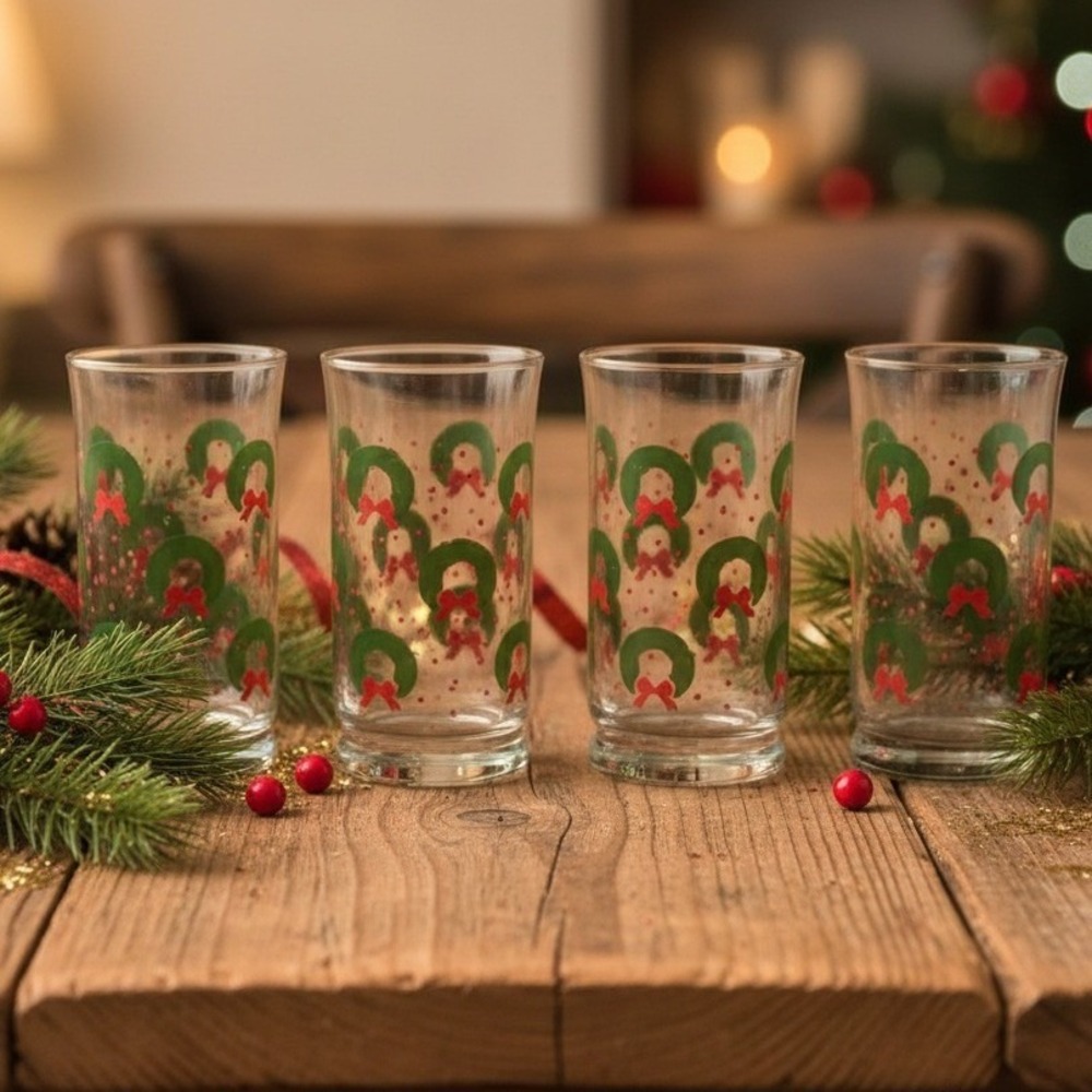 Libbey Clear Christmas Tumblers, Set of 4, Vtg Wreath &‎ Bow Pattern Drinkware